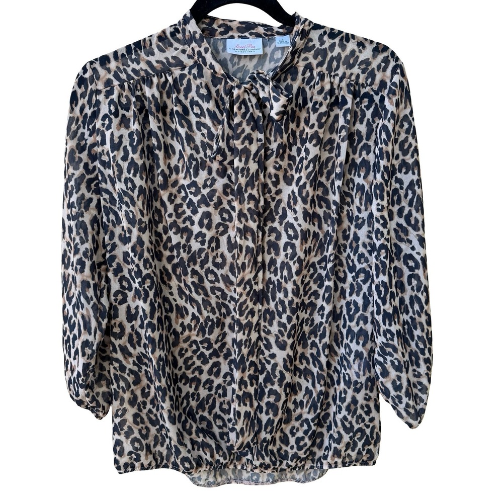 Sweet‎ Pea NY Co Sheer Edgy Leopard Print Mob Wife Blouson Bow Blouse Brown S